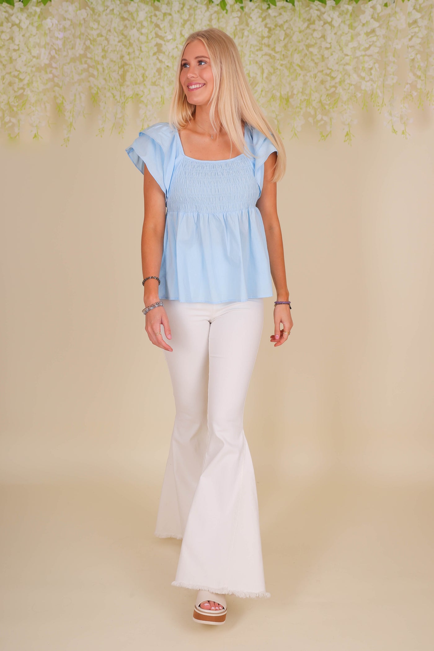 Women's Smocked Ruffle Top- Women's Blue Cotton Blouse- Umgee Tops