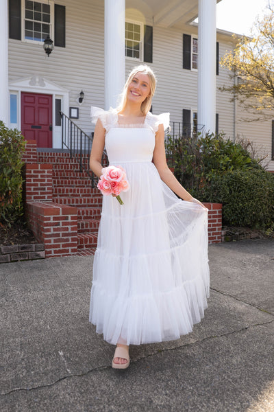 White Tulle Maxi Dress- Women's Cocktail Dresses- Mable White Tulle Dress