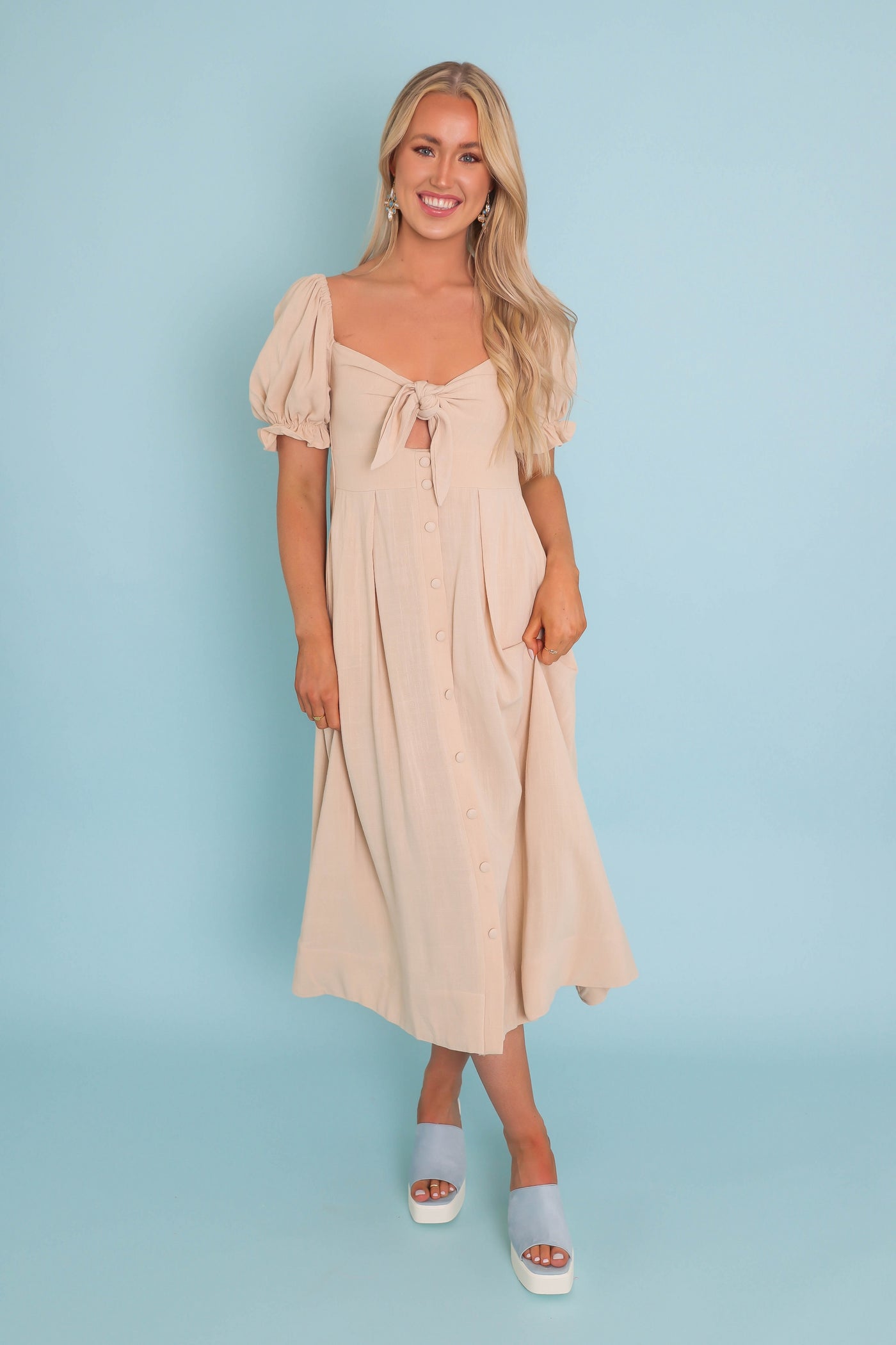 Women's Beige Linen Midi Dress- Pretty Summer Linen Dress- Mable Midi Dresses