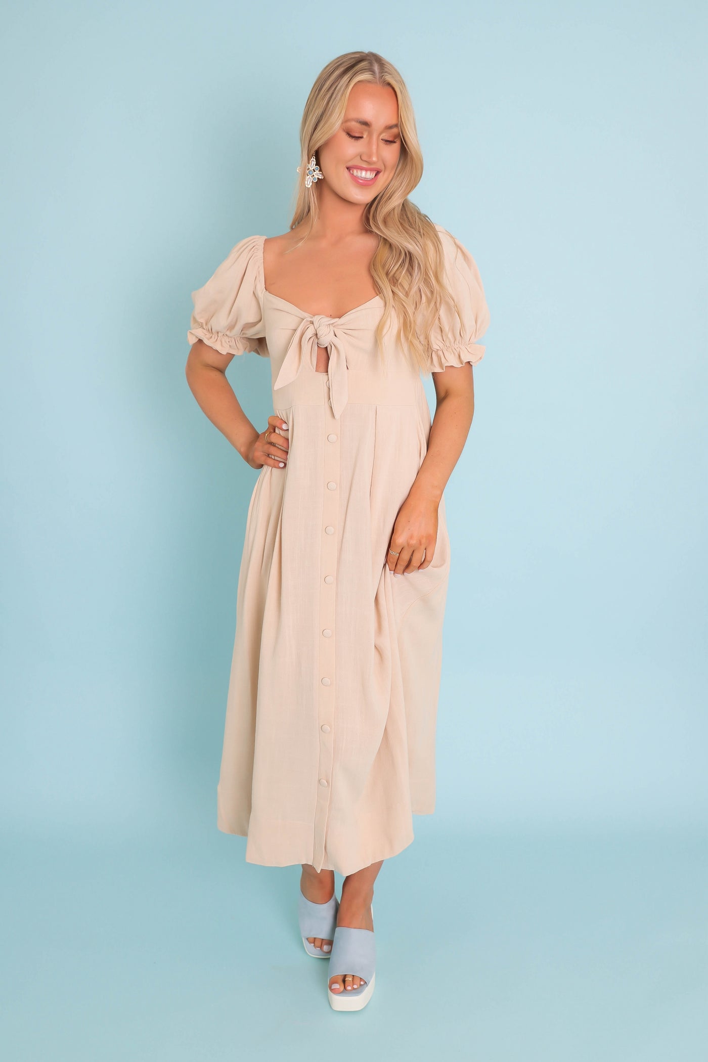 Women's Beige Linen Midi Dress- Pretty Summer Linen Dress- Mable Midi Dresses