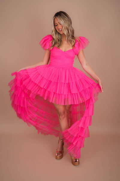 Women's Tulle Gown- Women's Hot Pink Tulle Maxi Dress- Luxxel Tulle Off The Shoulder Maxi 