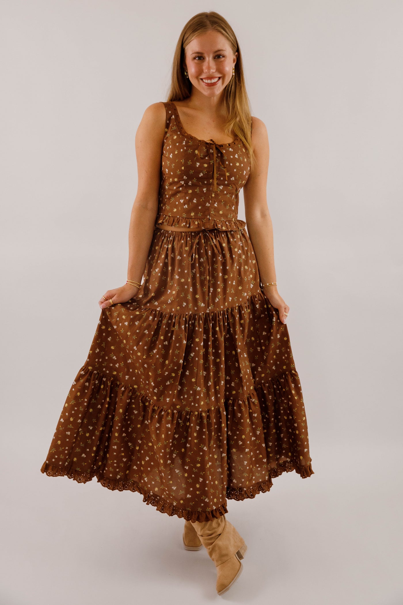 Floral Ribbon Corset With Eyelet Trim- Women's Brown Floral Two Piece Set