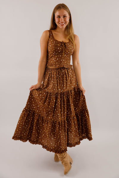 Floral Ribbon Corset With Eyelet Trim- Women's Brown Floral Two Piece Set