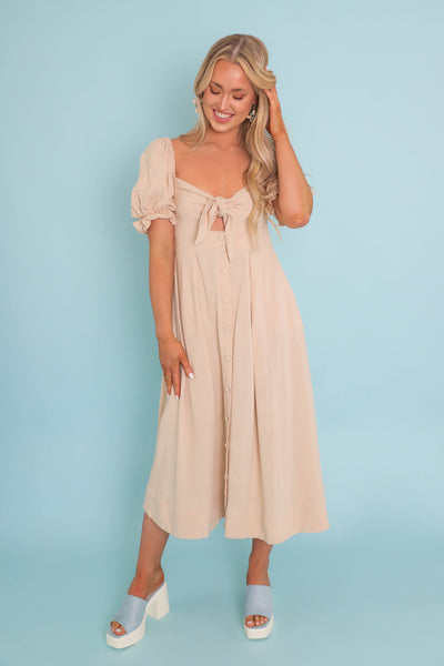 Women's Beige Linen Midi Dress- Pretty Summer Linen Dress- Mable Midi Dresses