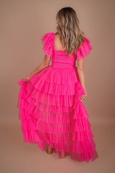 Women's Tulle Gown- Women's Hot Pink Tulle Maxi Dress- Luxxel Tulle Off The Shoulder Maxi 