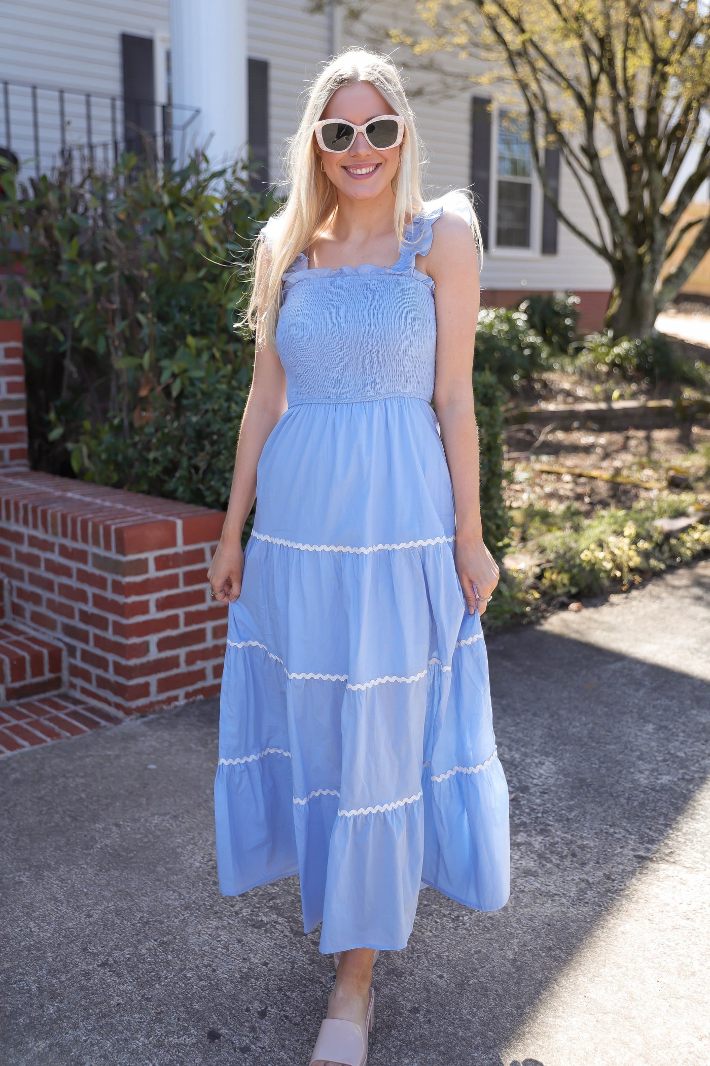 Baby Blue Midi Dress- Women's Ric-Rac Midi Dress- Blue And White Dresses