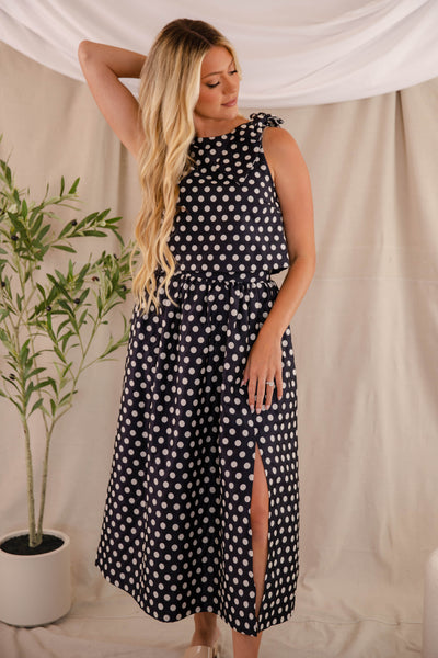 Navy and White Polkadot Skirt- Women's Navy Midi Skirt- Mable Set