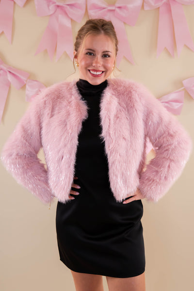Blush Fur Jacket With Silver Tinsel- Shimmering Pink Fur Jacket- Affordable Fur Jacket