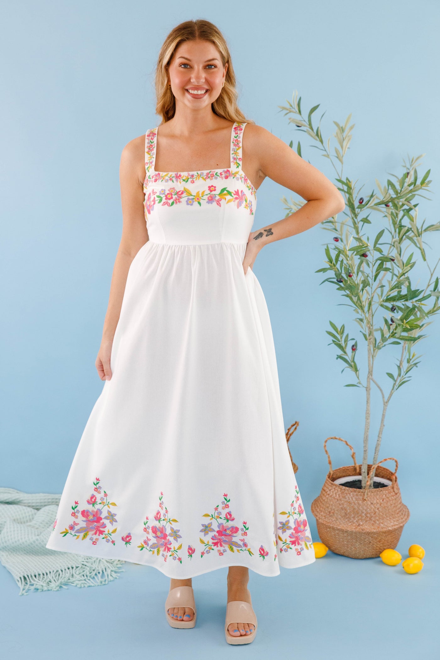 Floral Embroidered Maxi Dress- Women's White Floral Dress- Summer Dresses for Women