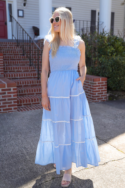 Baby Blue Midi Dress- Women's Ric-Rac Midi Dress- Blue And White Dresses