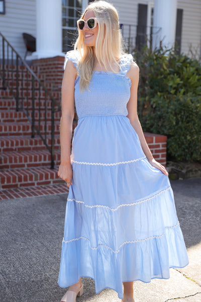 Baby Blue Midi Dress- Women's Ric-Rac Midi Dress- Blue And White Dresses