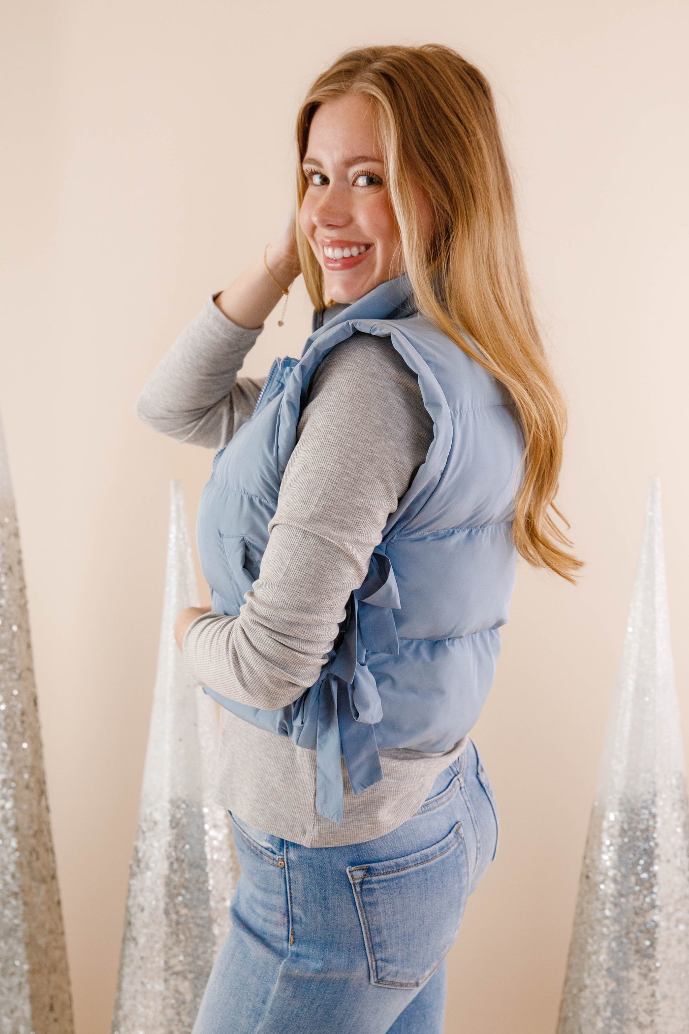 Light Blue Cropped Puffer Vest- Women's Bow Puffer Vest- VeryJ Winter Vest