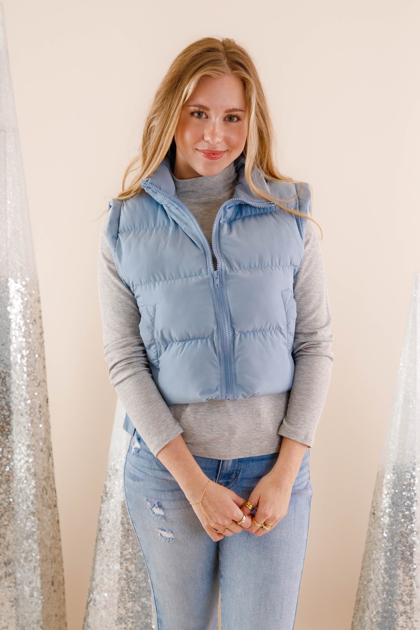 Light Blue Cropped Puffer Vest- Women's Bow Puffer Vest- VeryJ Winter Vest