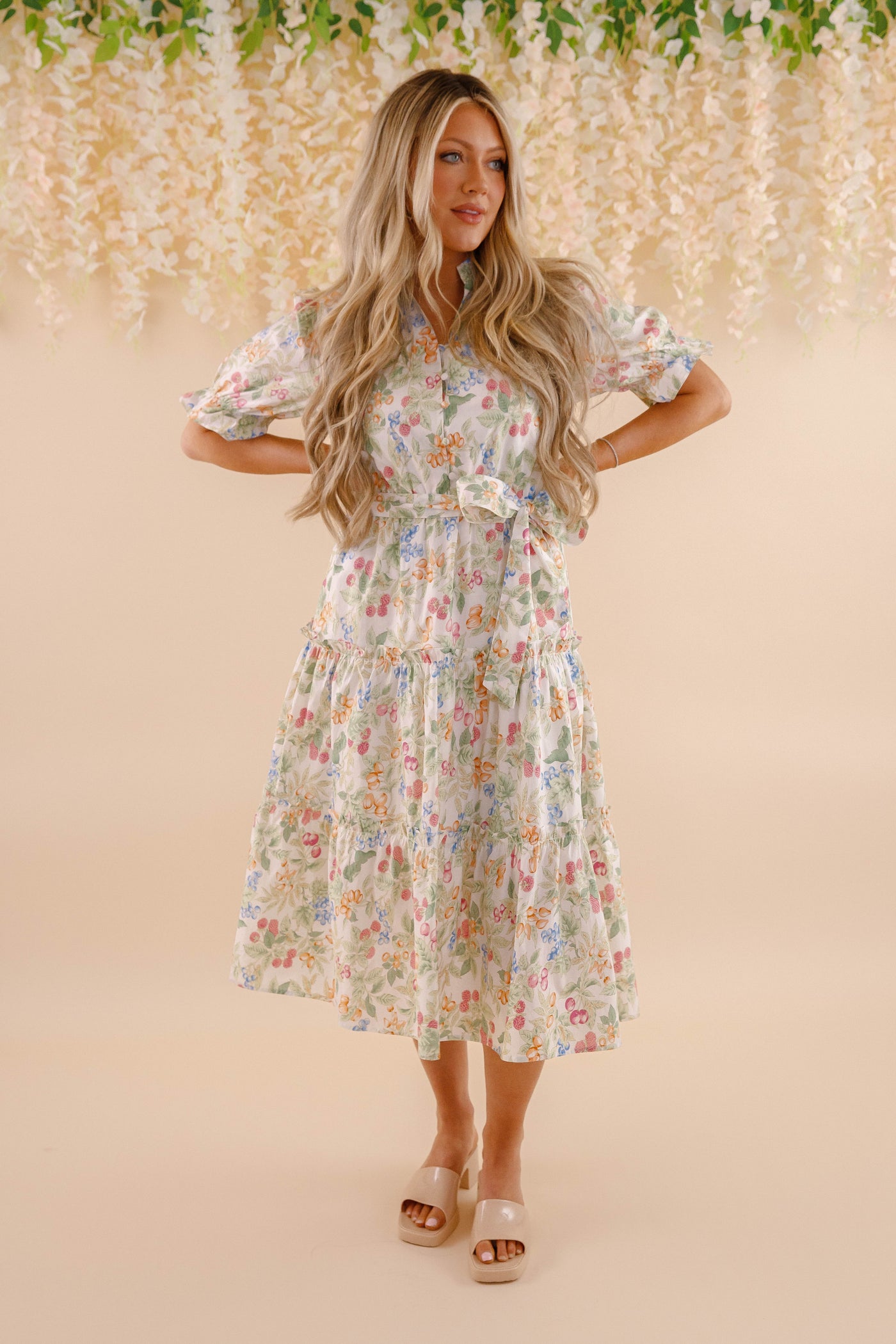 Fruit and Floral Print Midi Dress- Women's Colorful Dresses- Cottagecore Midi Dress