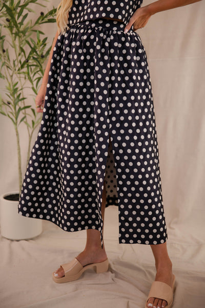 Navy and White Polkadot Skirt- Women's Navy Midi Skirt- Mable Set