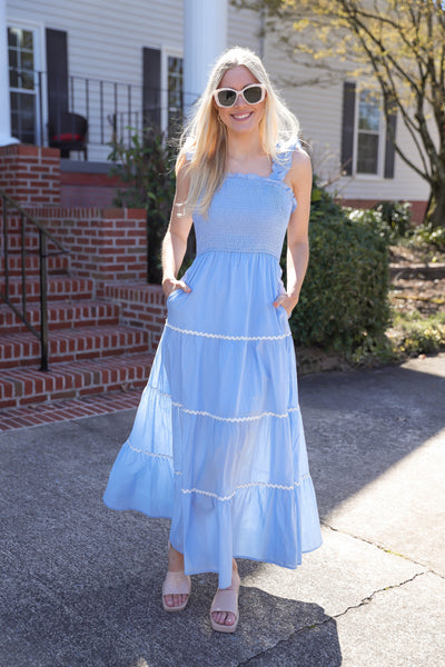 Baby Blue Midi Dress- Women's Ric-Rac Midi Dress- Blue And White Dresses