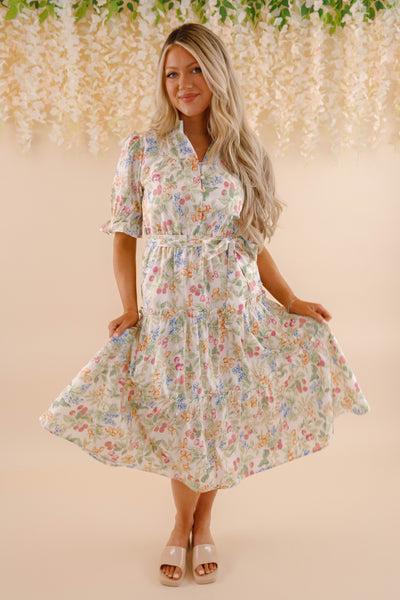 Fruit and Floral Print Midi Dress- Women's Colorful Dresses- Cottagecore Midi Dress