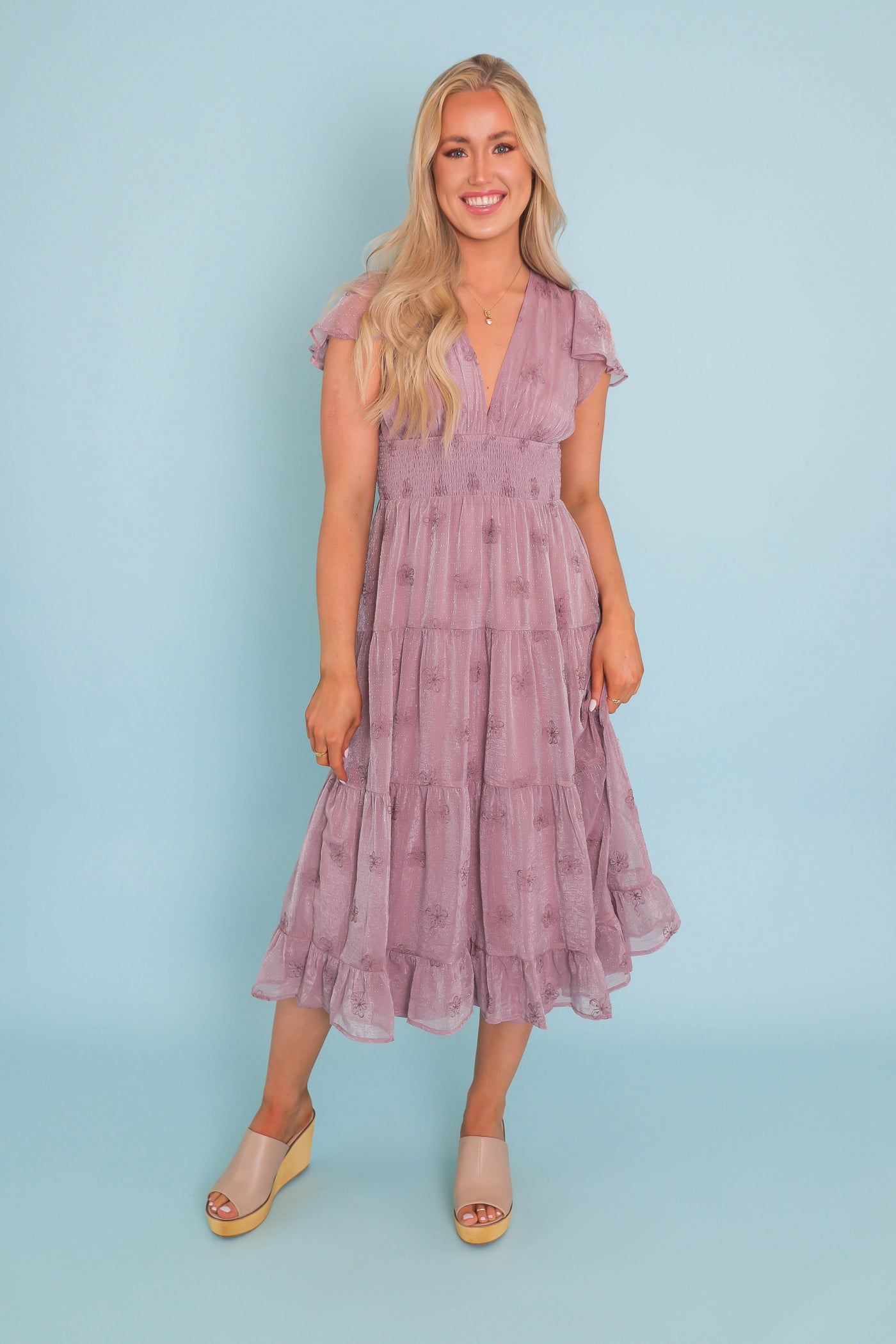 Women's Flower Embroidered Dress- Women's Lilac Shimmer Midi Dress- Listicle Ruffle Midi Dress