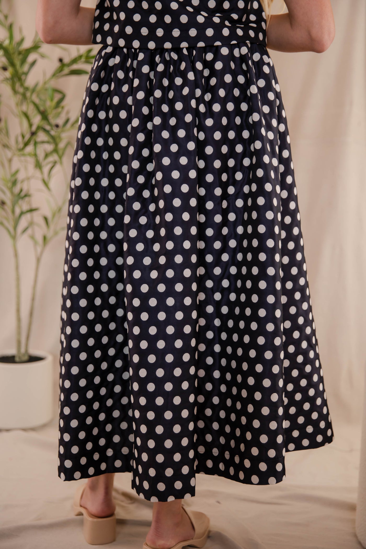 Navy and White Polkadot Skirt- Women's Navy Midi Skirt- Mable Set