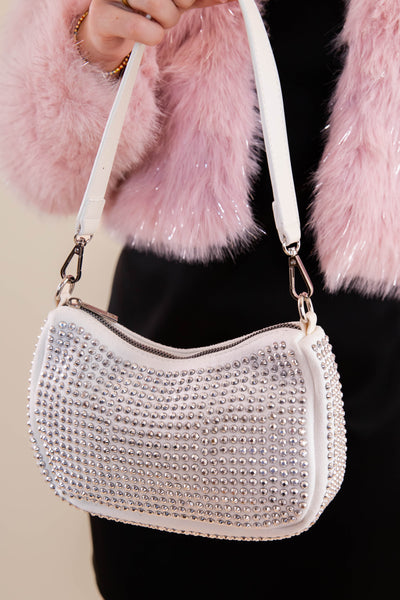 Women's Party Embellished Structured Shoulder Bag- White Rhinestone Shoulder Bag- Designer Inspired Rhinestone Bag