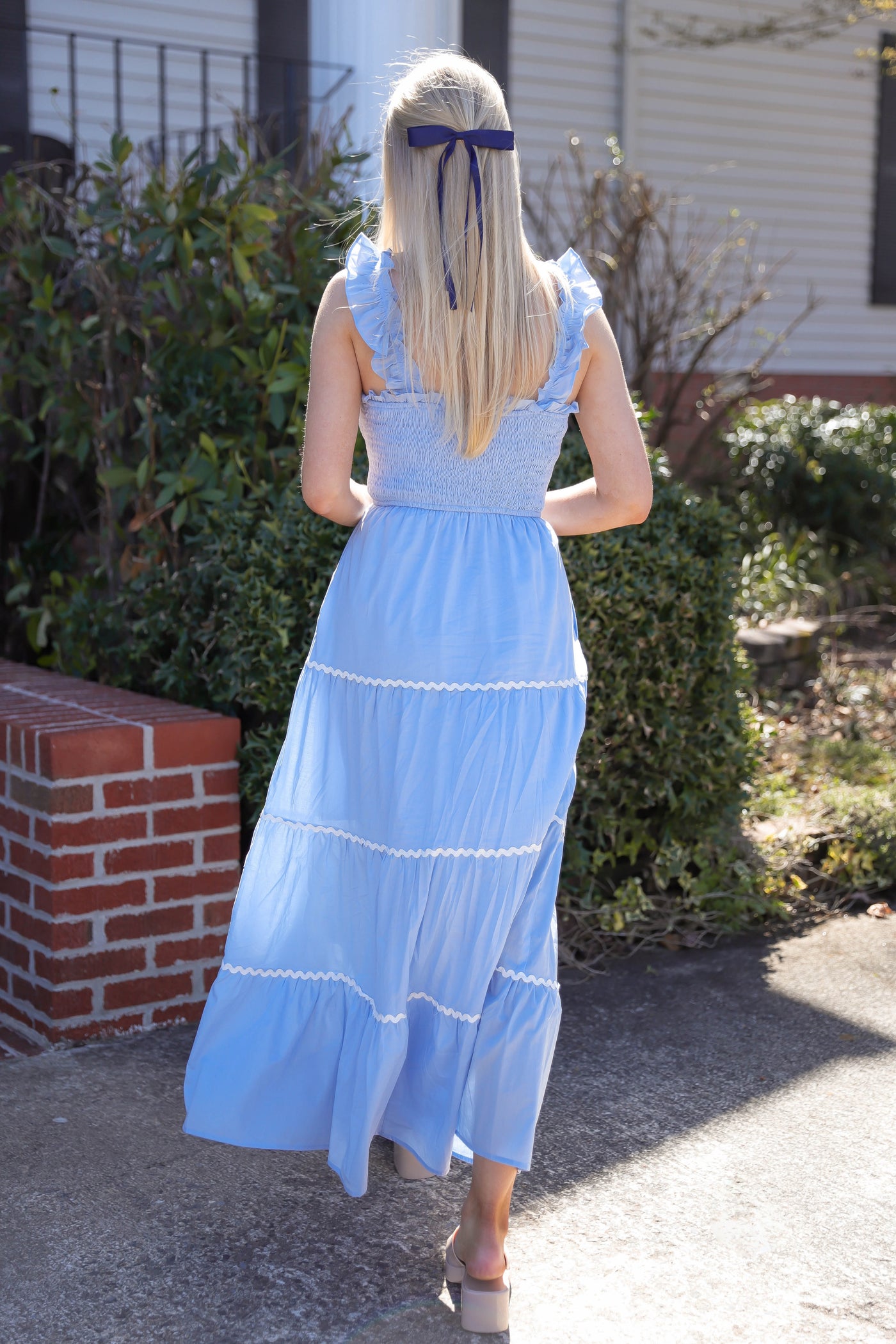 Baby Blue Midi Dress- Women's Ric-Rac Midi Dress- Blue And White Dresses