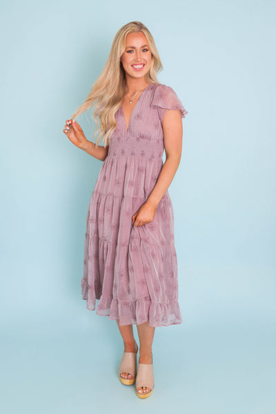 Women's Flower Embroidered Dress- Women's Lilac Shimmer Midi Dress- Listicle Ruffle Midi Dress