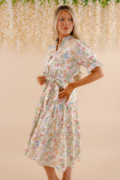 Fruit and Floral Print Midi Dress- Women's Colorful Dresses- Cottagecore Midi Dress