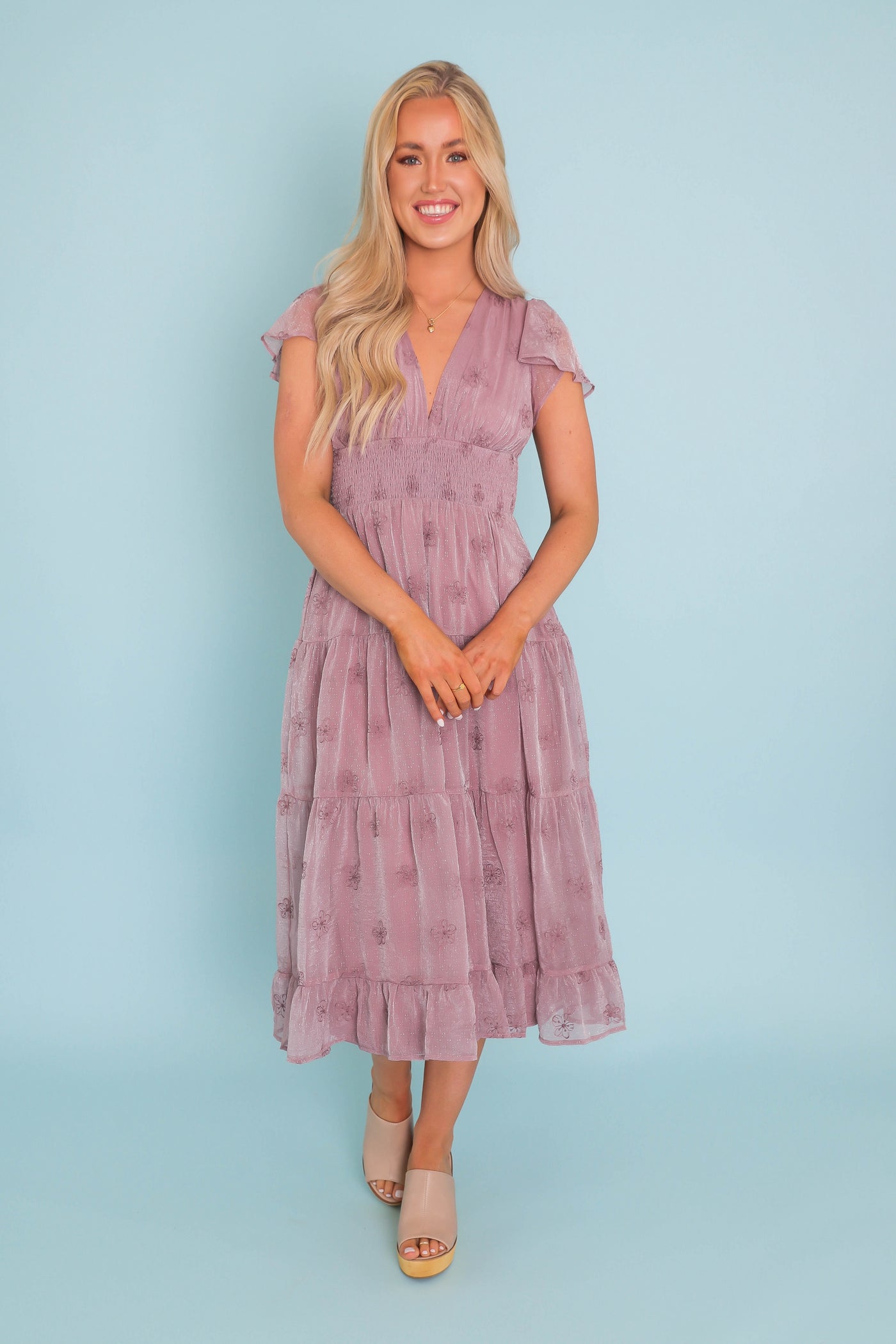 Women's Flower Embroidered Dress- Women's Lilac Shimmer Midi Dress- Listicle Ruffle Midi Dress