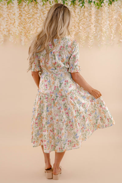 Fruit and Floral Print Midi Dress- Women's Colorful Dresses- Cottagecore Midi Dress
