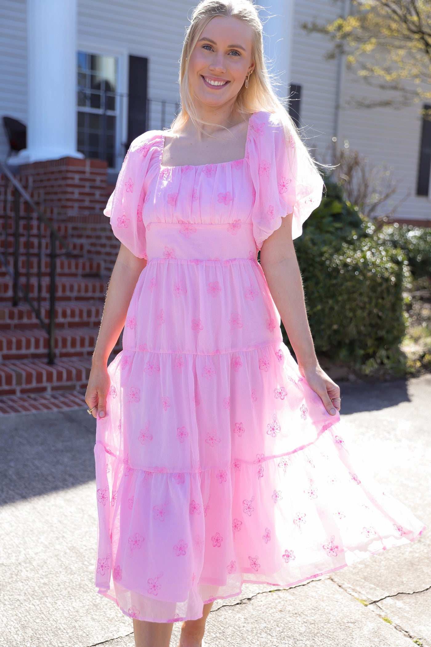 Pink Flower Midi Dress- Floral Embroidered Pink Dress- Listicle Midi Dresses