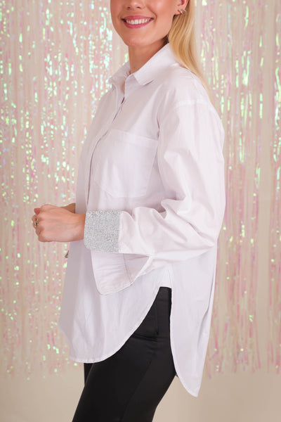 Women's Oversized White Button Down- Women's Rhinestone Button Down