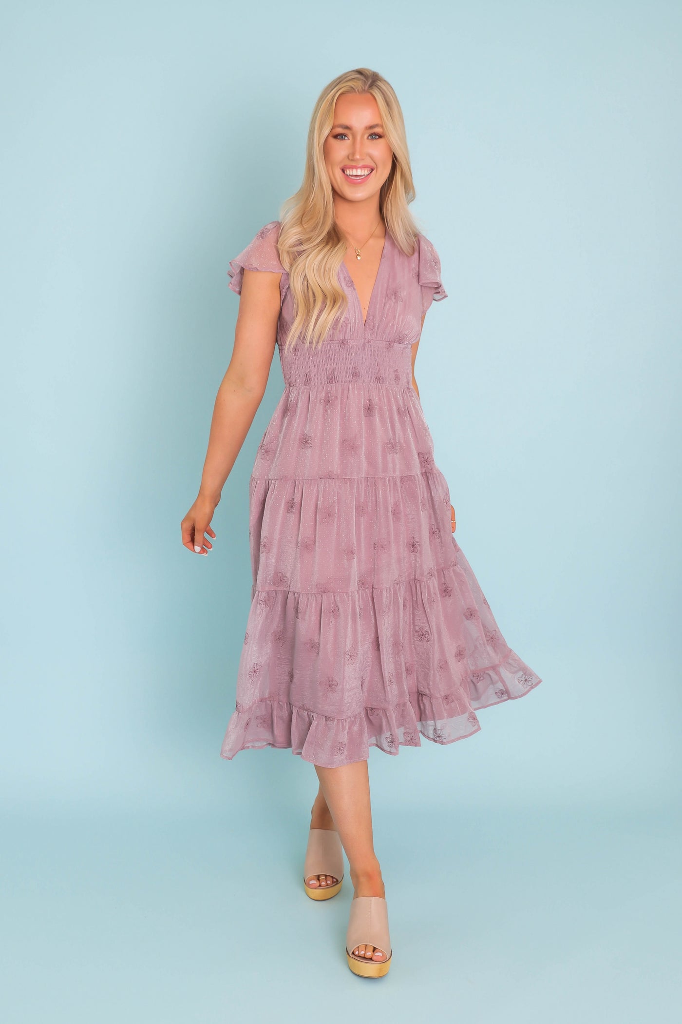 Women's Flower Embroidered Dress- Women's Lilac Shimmer Midi Dress- Listicle Ruffle Midi Dress