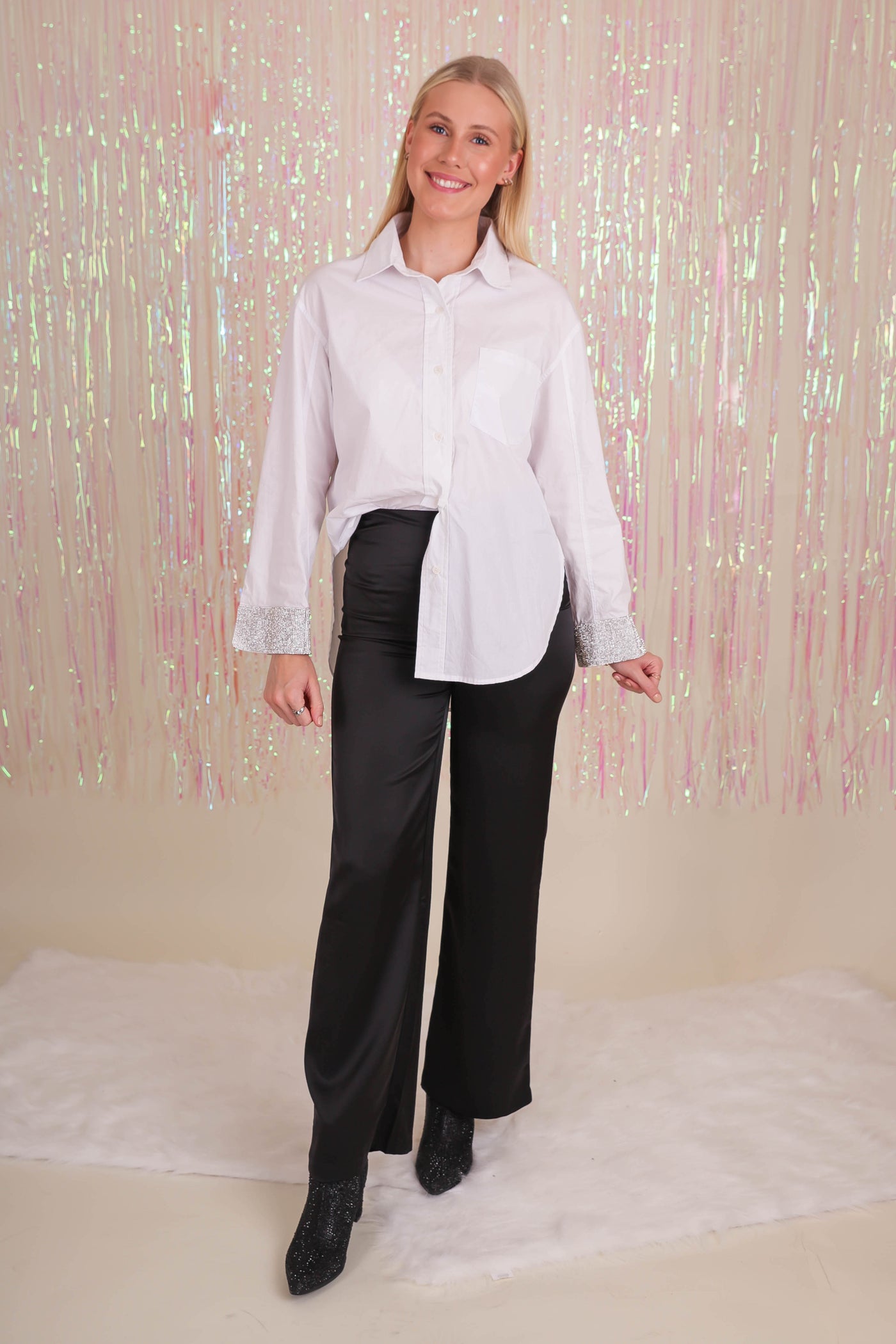 Women's Oversized White Button Down- Women's Rhinestone Button Down