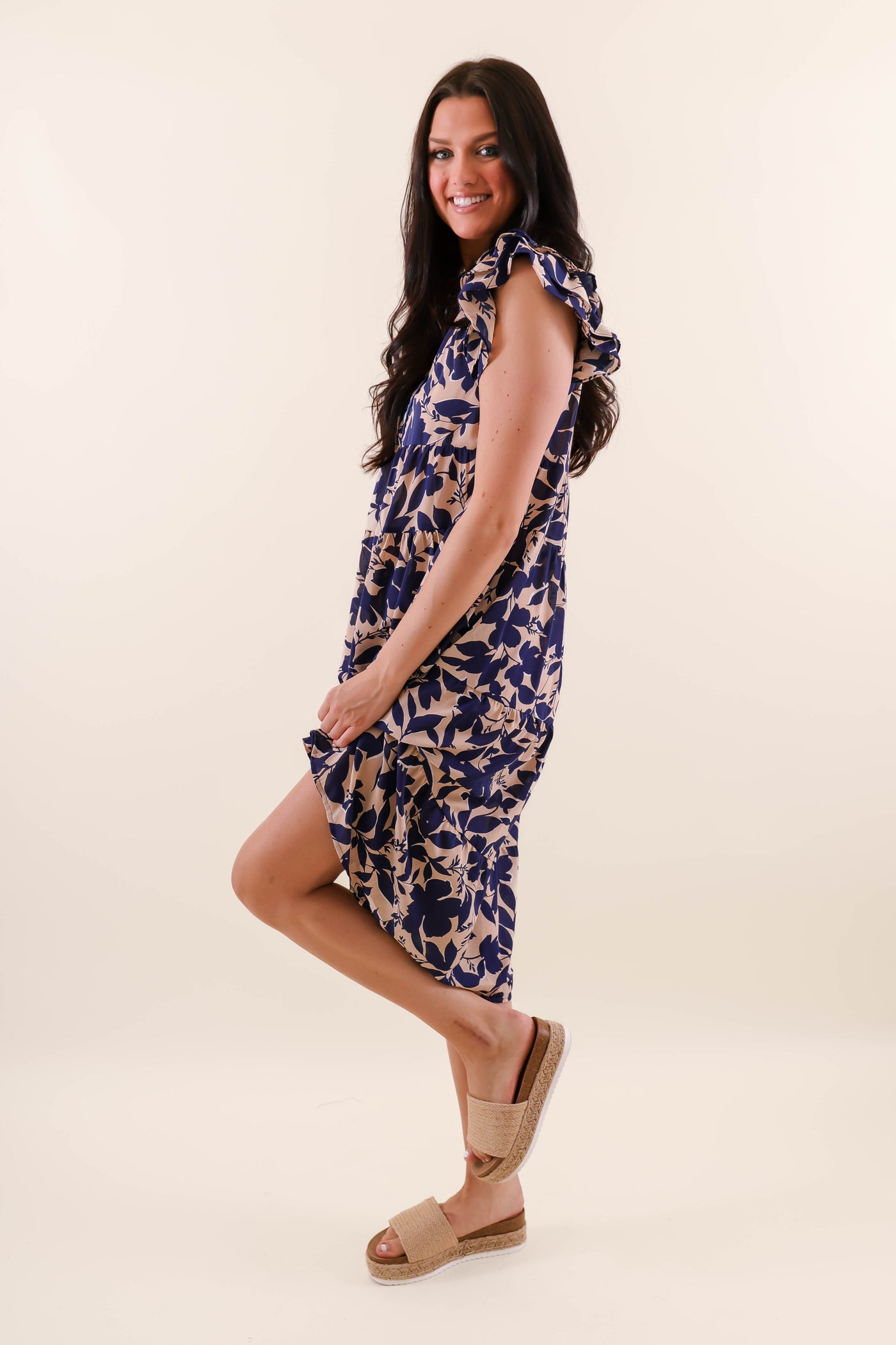 Blue Floral Midi Dress- Women's A-line Midi Dress- Umgee Dresses