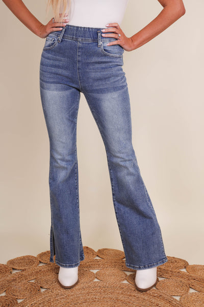 Women's Denim Flares- Women's Pull On Flares- Risen Jeans