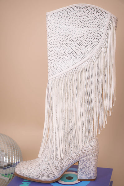 Women's White Rhinestone Fringe Boots- Tall Rhinestone Fringe Boots- Pierre Dumas Rhinestone White Boots