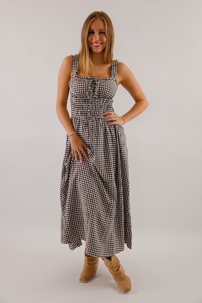 Black and White Gingham Midi Dress- Women's Smocked Waist Dress- Fall Dresses