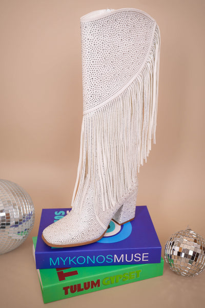 Women's White Rhinestone Fringe Boots- Tall Rhinestone Fringe Boots- Pierre Dumas Rhinestone White Boots