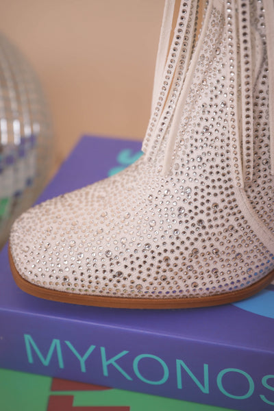 Women's White Rhinestone Fringe Boots- Tall Rhinestone Fringe Boots- Pierre Dumas Rhinestone White Boots