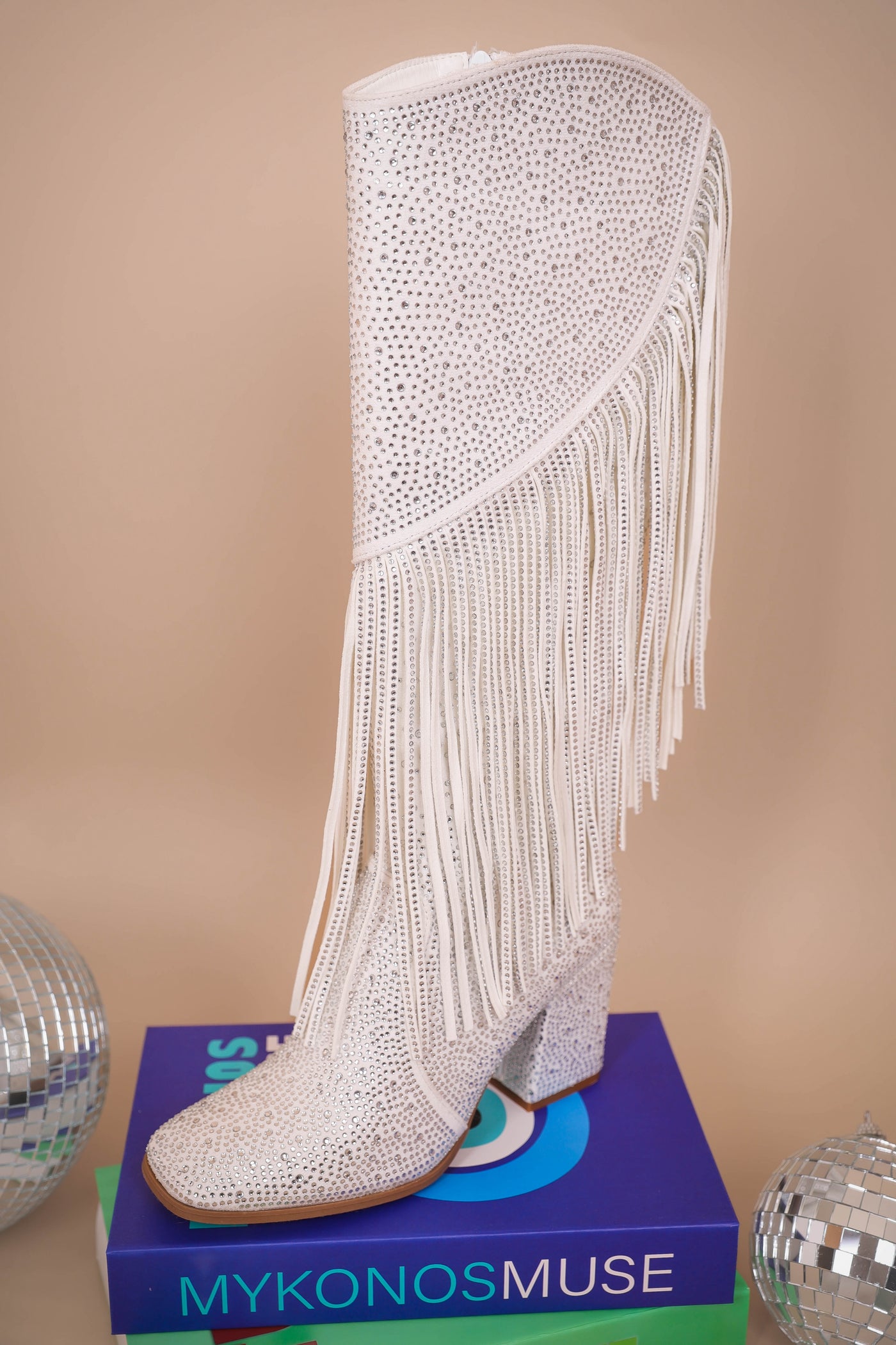 Women's White Rhinestone Fringe Boots- Tall Rhinestone Fringe Boots- Pierre Dumas Rhinestone White Boots