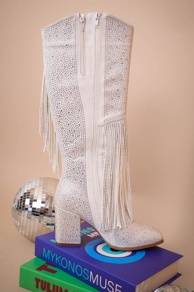Women's White Rhinestone Fringe Boots- Tall Rhinestone Fringe Boots- Pierre Dumas Rhinestone White Boots