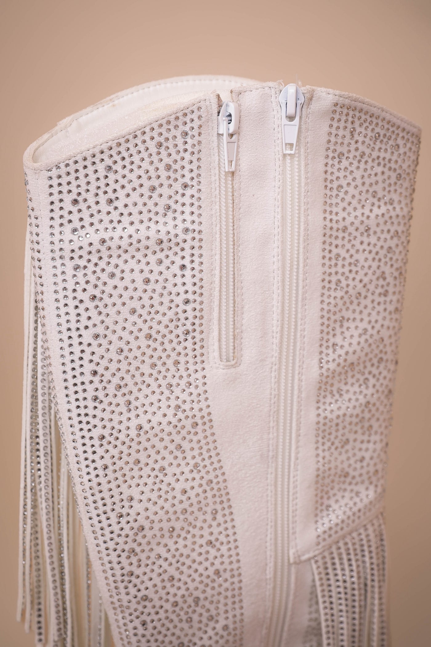 Women's White Rhinestone Fringe Boots- Tall Rhinestone Fringe Boots- Pierre Dumas Rhinestone White Boots