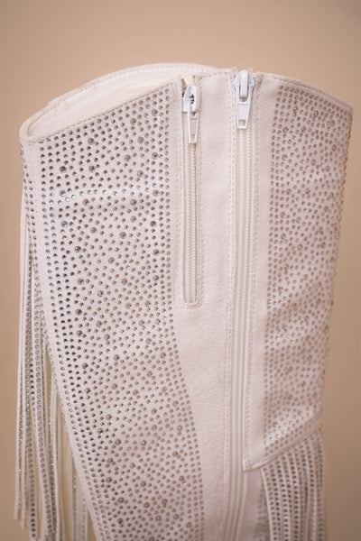 Women's White Rhinestone Fringe Boots- Tall Rhinestone Fringe Boots- Pierre Dumas Rhinestone White Boots