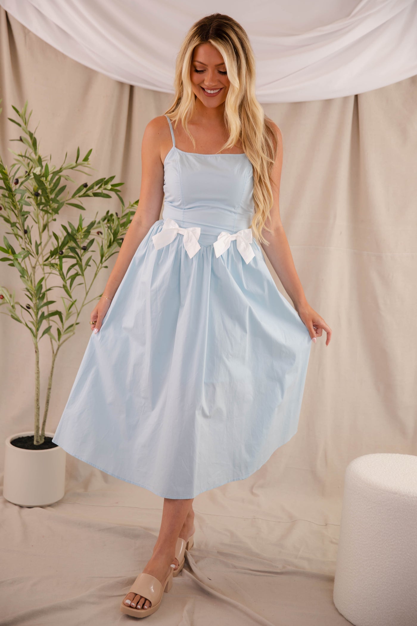 Women's Blue Bow Midi Dress- Drop Waist Midi- In The Beginning Dresses