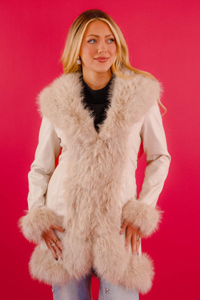 Women's Cream Leather Jacket With Fur Trim- Women's Luxurious Long Coat- Coalition Leather Fur Coat