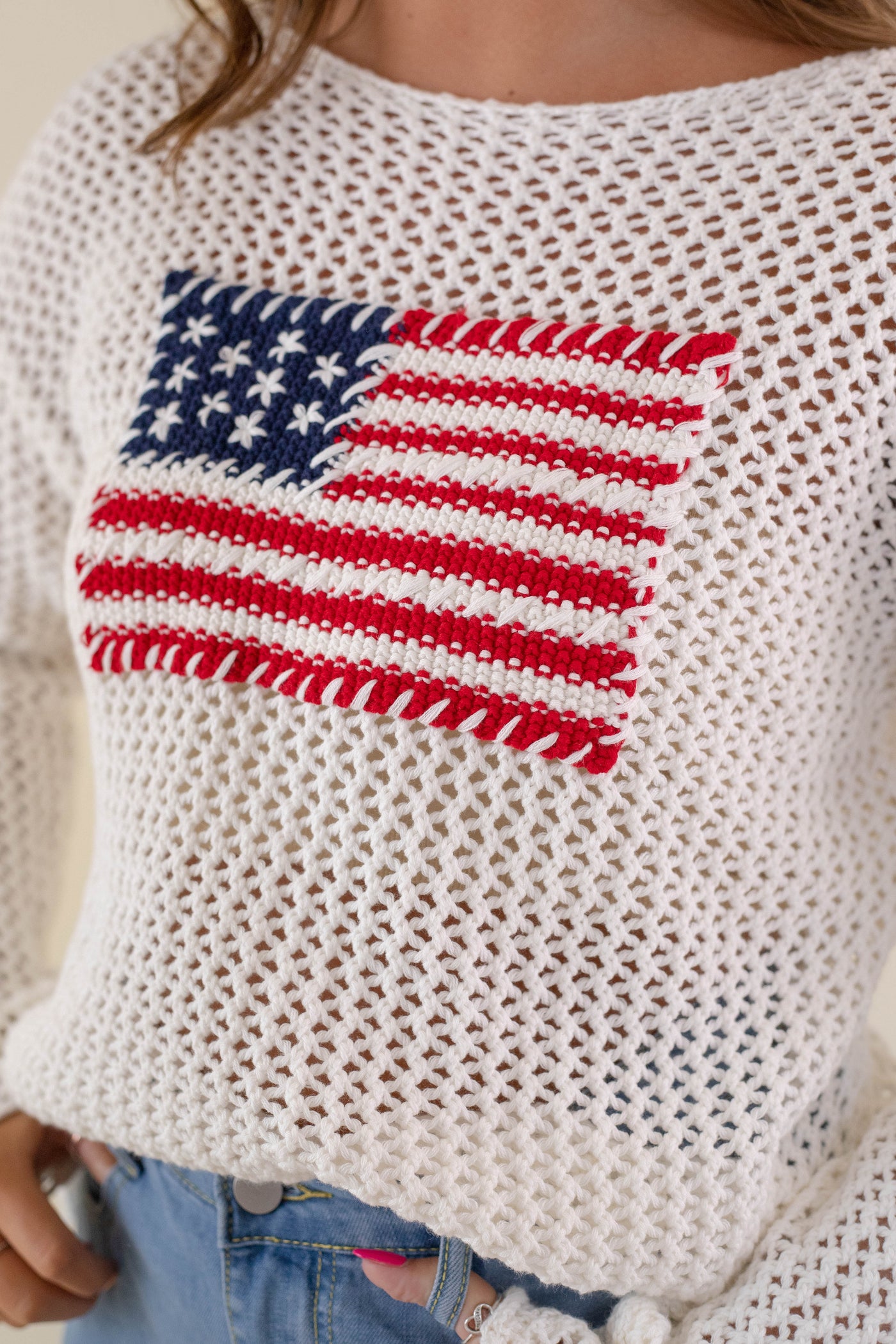 Women's American Flag Sweater- White Flag Sweater- Americana Lightweight Sweater