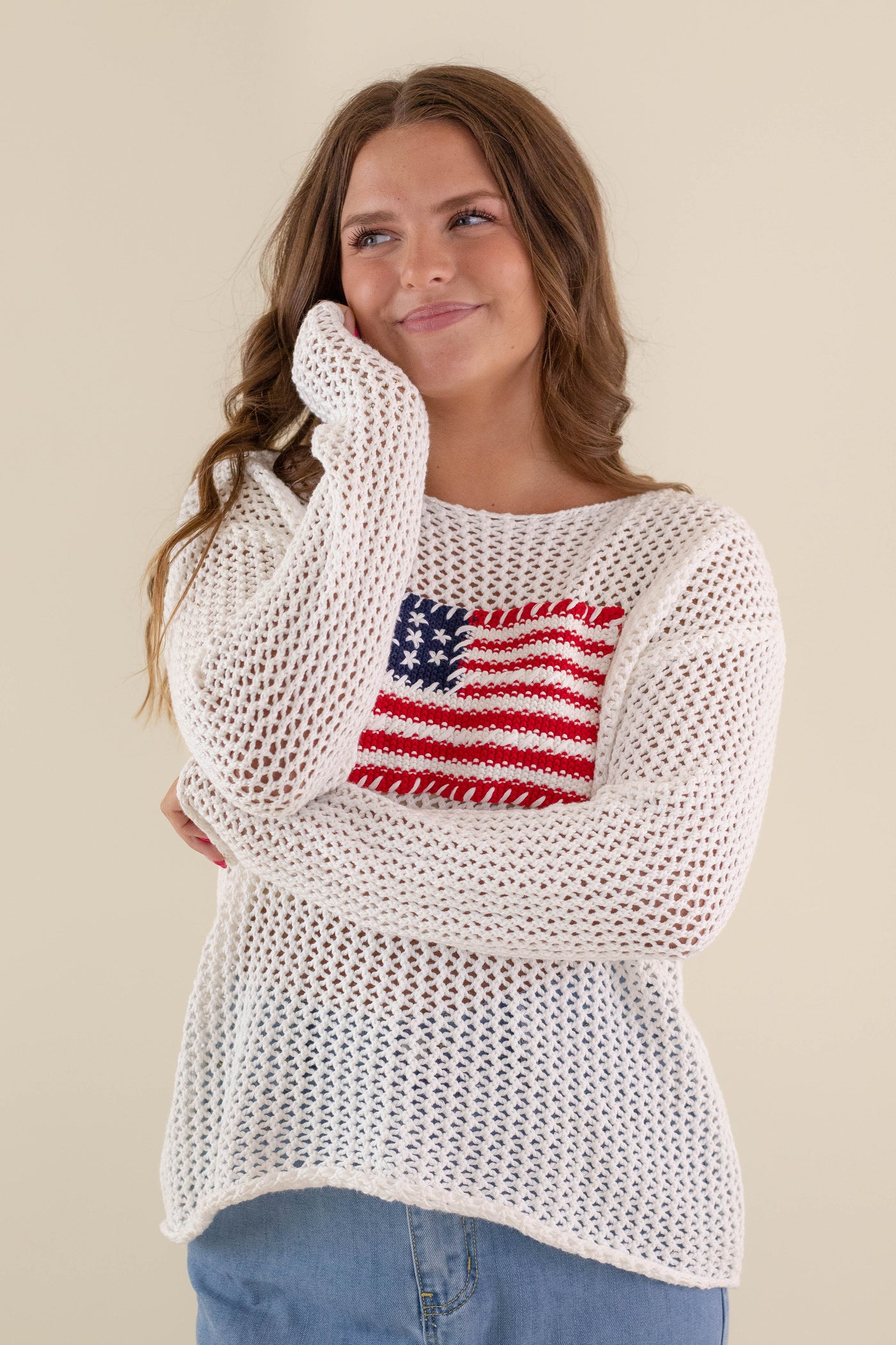 Women's American Flag Sweater- White Flag Sweater- Americana Lightweight Sweater