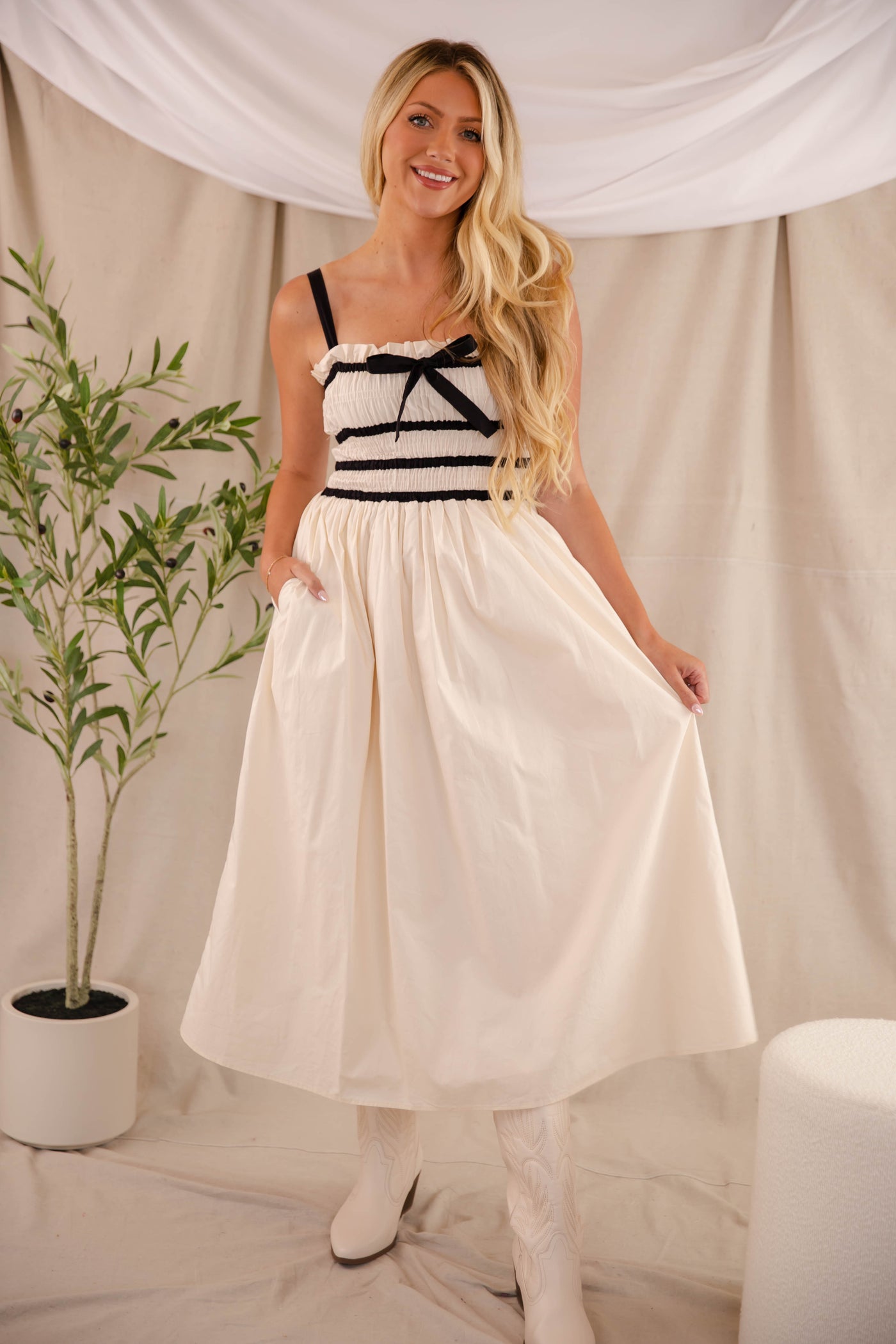 Women's Cream and Black Trimmed Midi Dress- Women's Preppy Dress- Aureum Dress