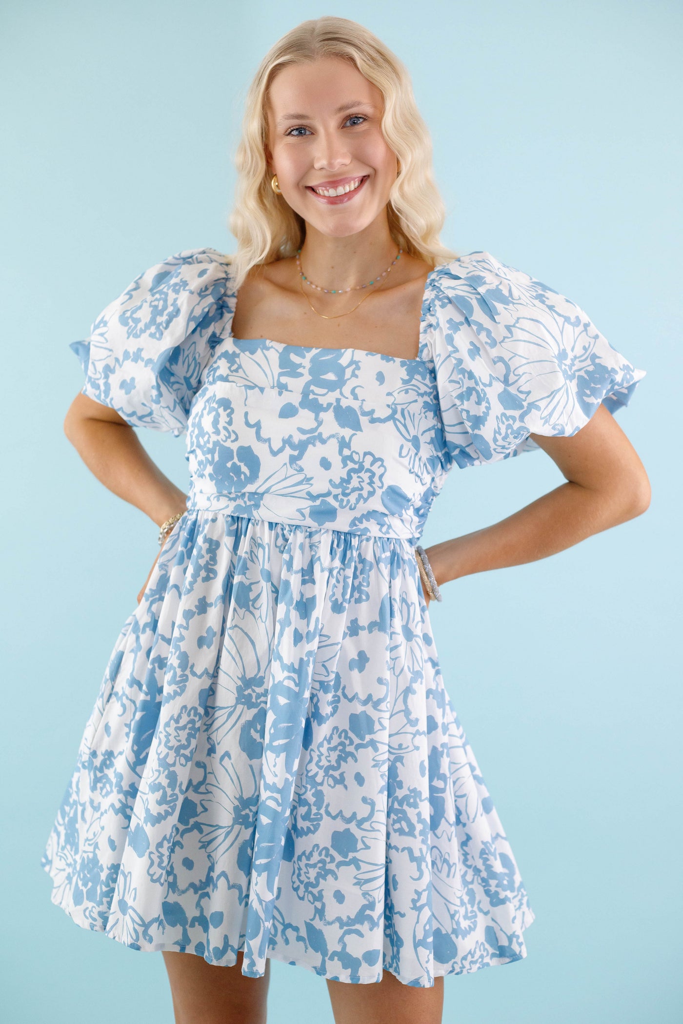 Women's White and Blue Floral Dress - High Quality Cotton Floral Dress - Puffed Sleeve Dress by Aureum