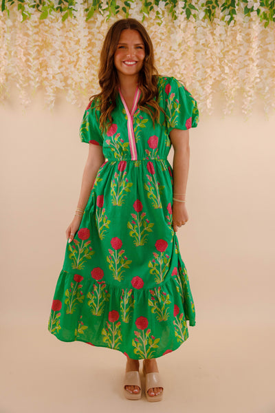 Women's Green Printed Dress- THML Midi Dress- Women's Anthro Midi Dress